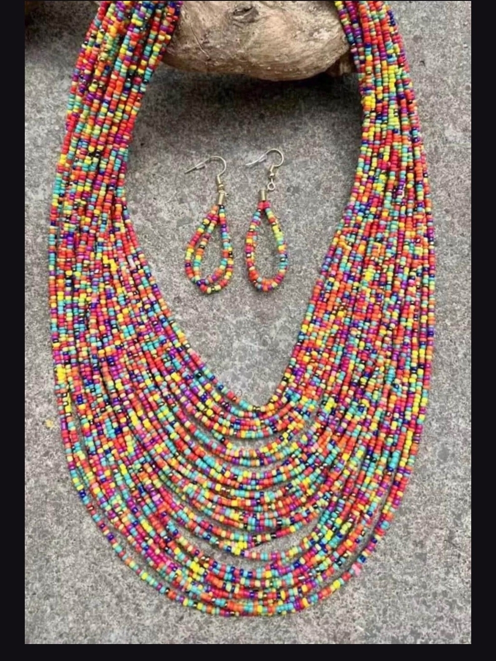 New 18" Multistrand Multicolor Seed Bead Necklace with Matching Earrings